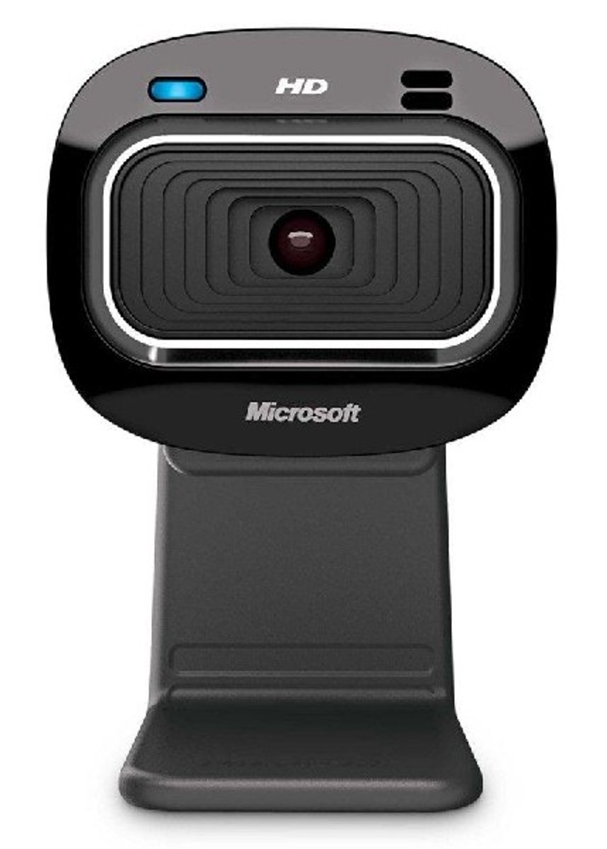Webcam Microsoft nera su un supporto. Sfondo bianco.