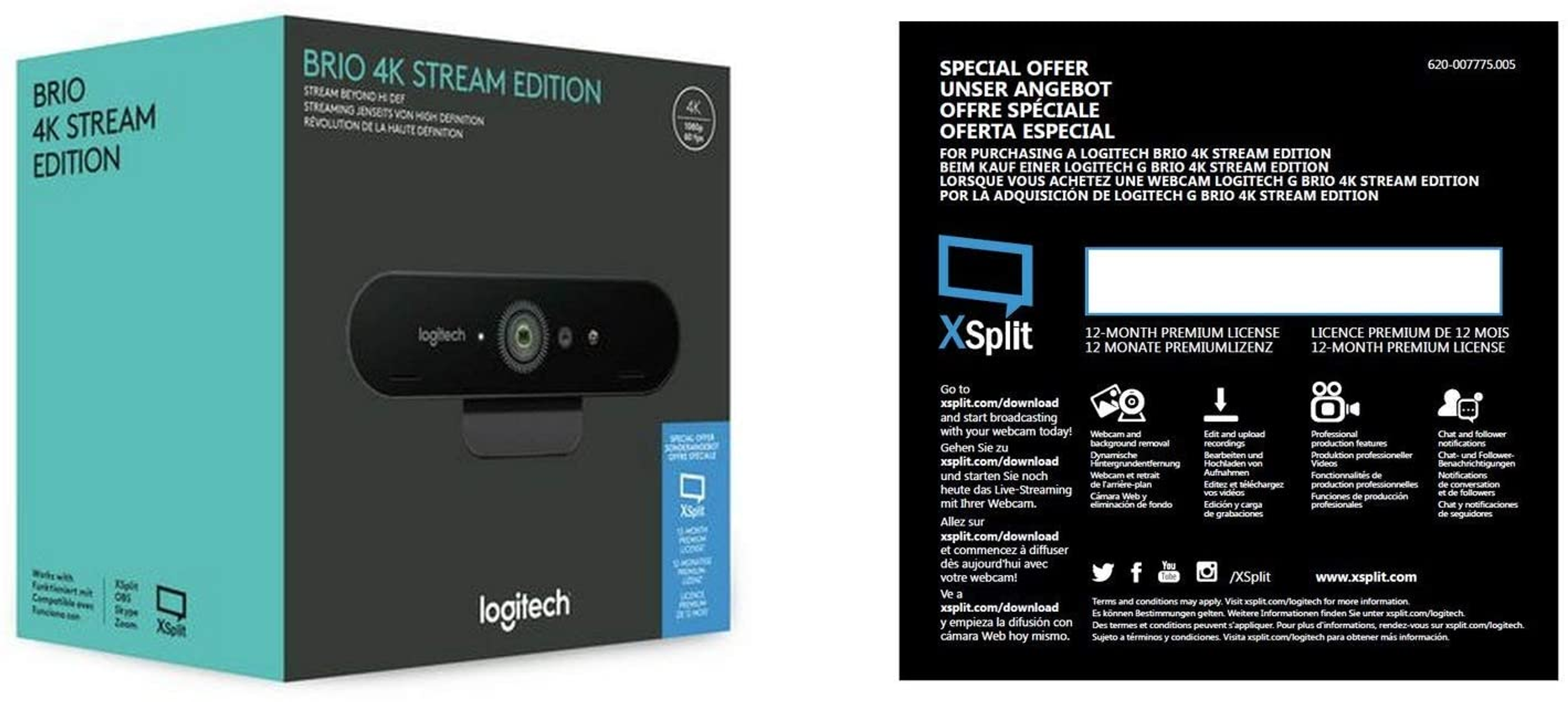 Pudełko do kamery internetowej Logitech Brio 4K Stream, z tekstem i obrazami kamery i ofertą.