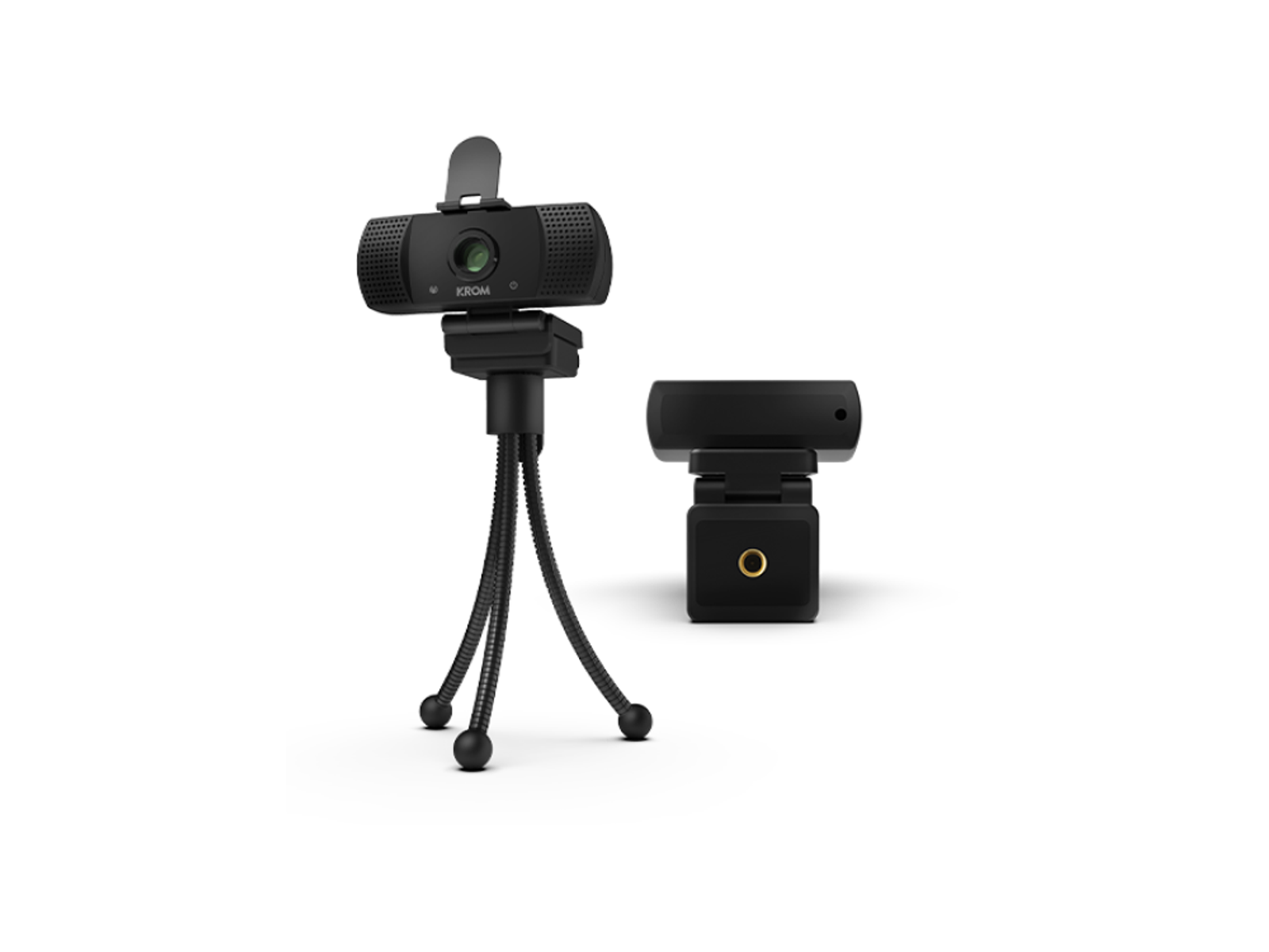 Dwie czarne kamery internetowe, jedna na statywie, druga na podstawie. Obie są czarne i cylindryczne.