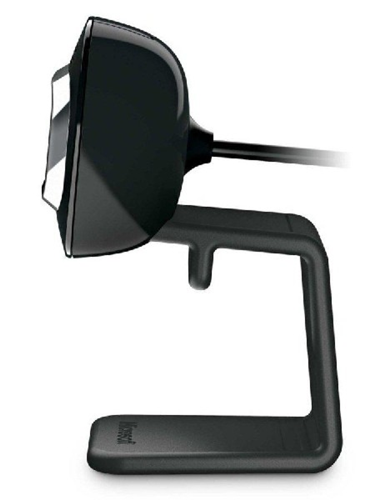 Sensore Kinect nero di Microsoft su un supporto. È un dispositivo nero con una luce bianca.