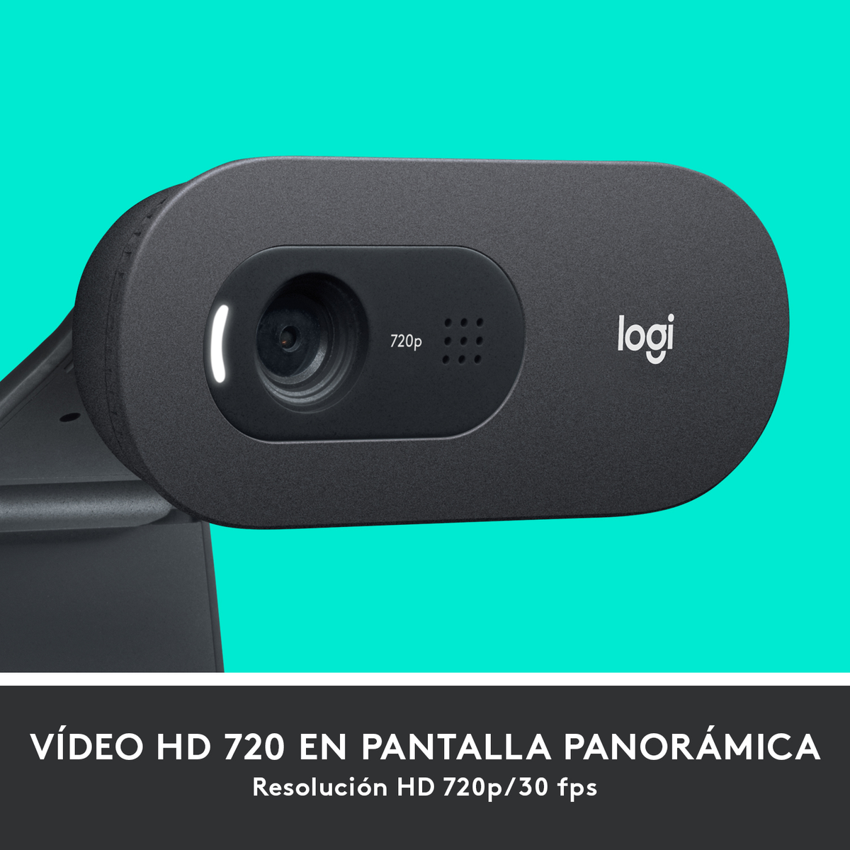 Czarna kamera internetowa Logitech z tekstem rozdzielczości 720p. Tło w kolorze turkusowej zieleni.