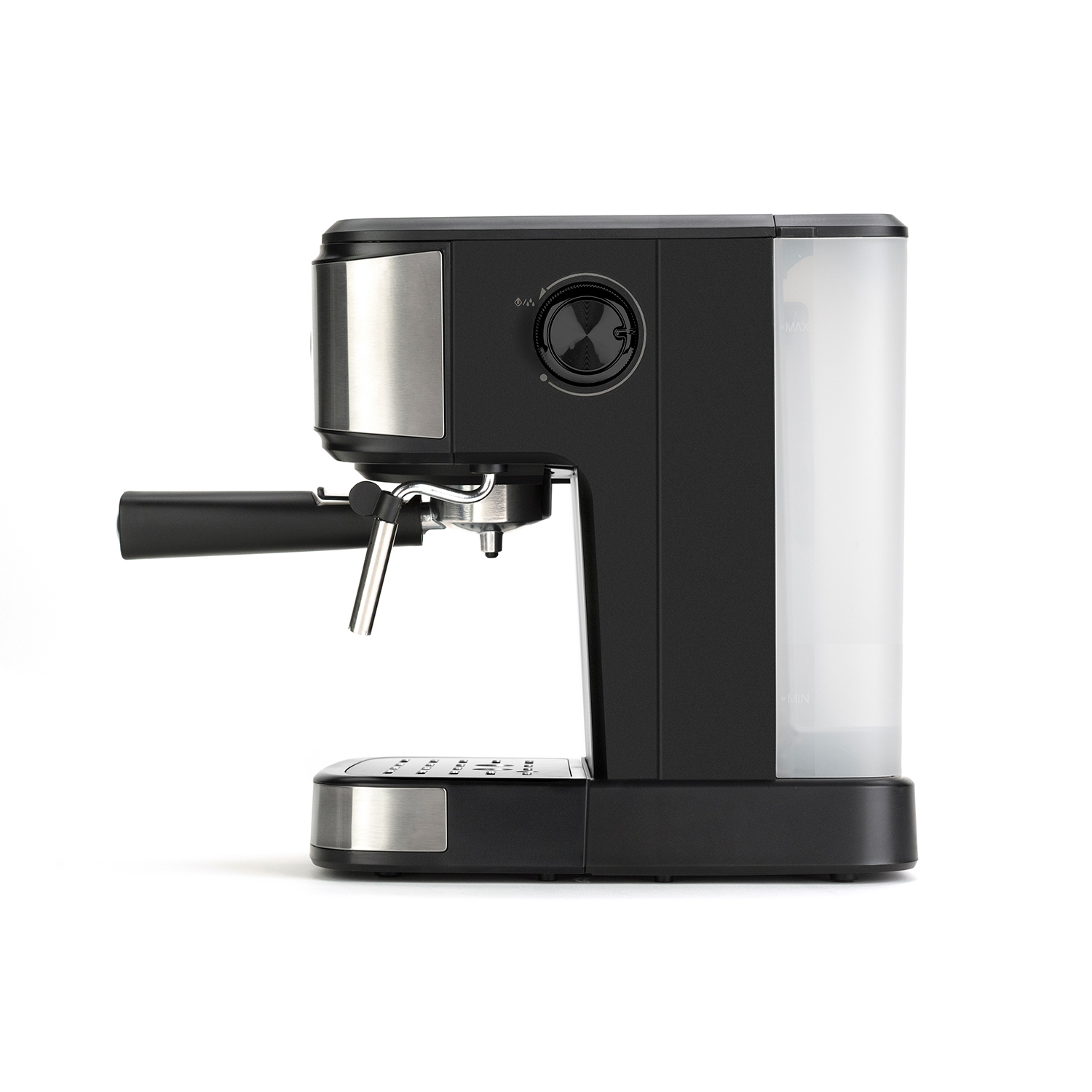 Una macchina per caffè espresso nera con dettagli argentati, serbatoio dell'acqua e manico nero.
