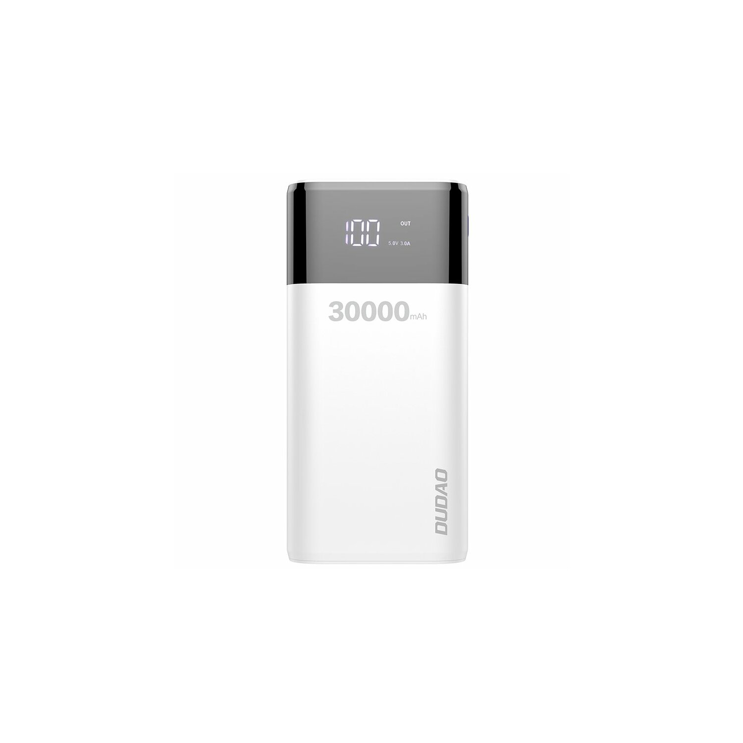 Eine weiße Powerbank mit 30000mAh und einem Digitaldisplay mit 100%.