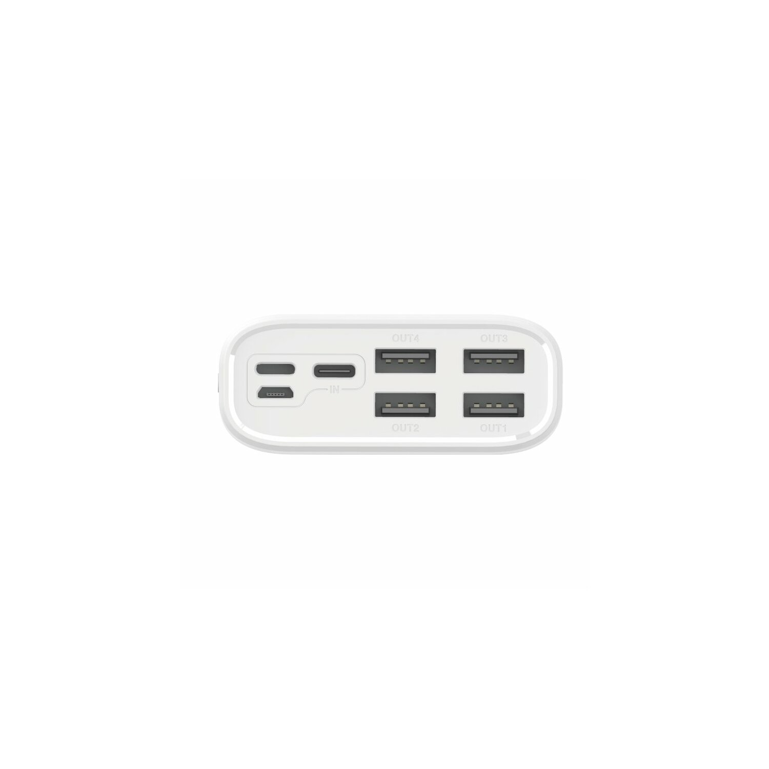 Weiße Powerbank mit mehreren USB-Anschlüssen und einem USB-C-Anschluss, Draufsicht, weißer Hintergrund.