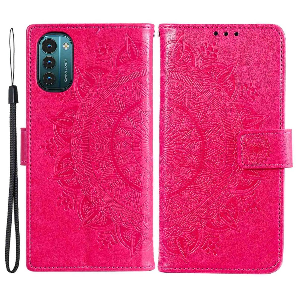 Eine rosa Handyhülle mit Mandala-Design. Es ist geöffnet und zeigt das Innere des Telefons.