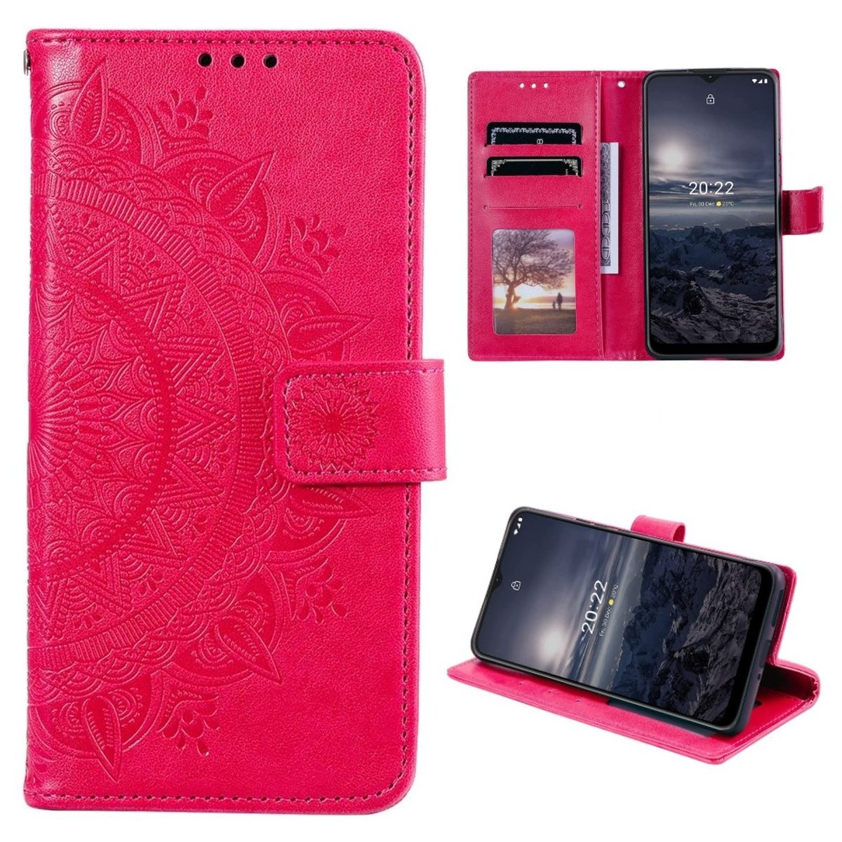 Pinkfarbene Handyhülle mit Mandala-Muster. Telefon innen. Hülle hat Kartenfächer und Magnetverschluss. Weißer Hintergrund.