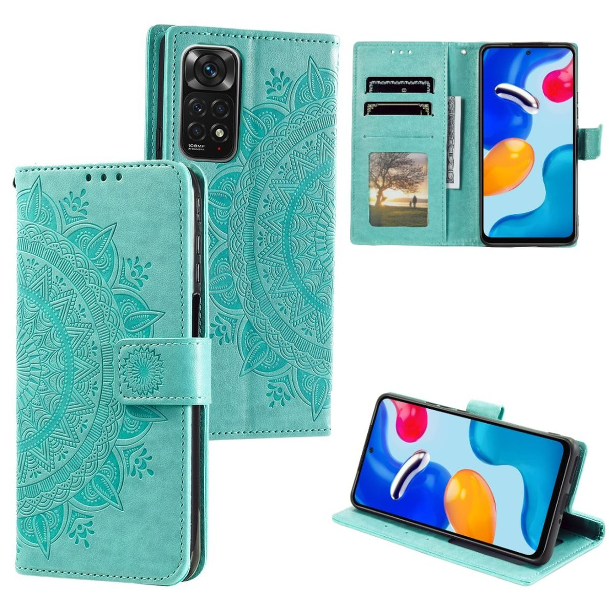 Note 4G Mandala Grün Klapphülle 11 / Pro, COVERKINGZ Bookcover, Muster, M4 Note Redmi 4G mit 11S Poco / Xiaomi,