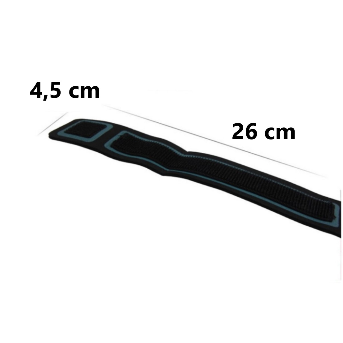 Ein schwarzer und blauer Riemen. Die Abmessungen betragen 4,5 cm mal 26 cm.