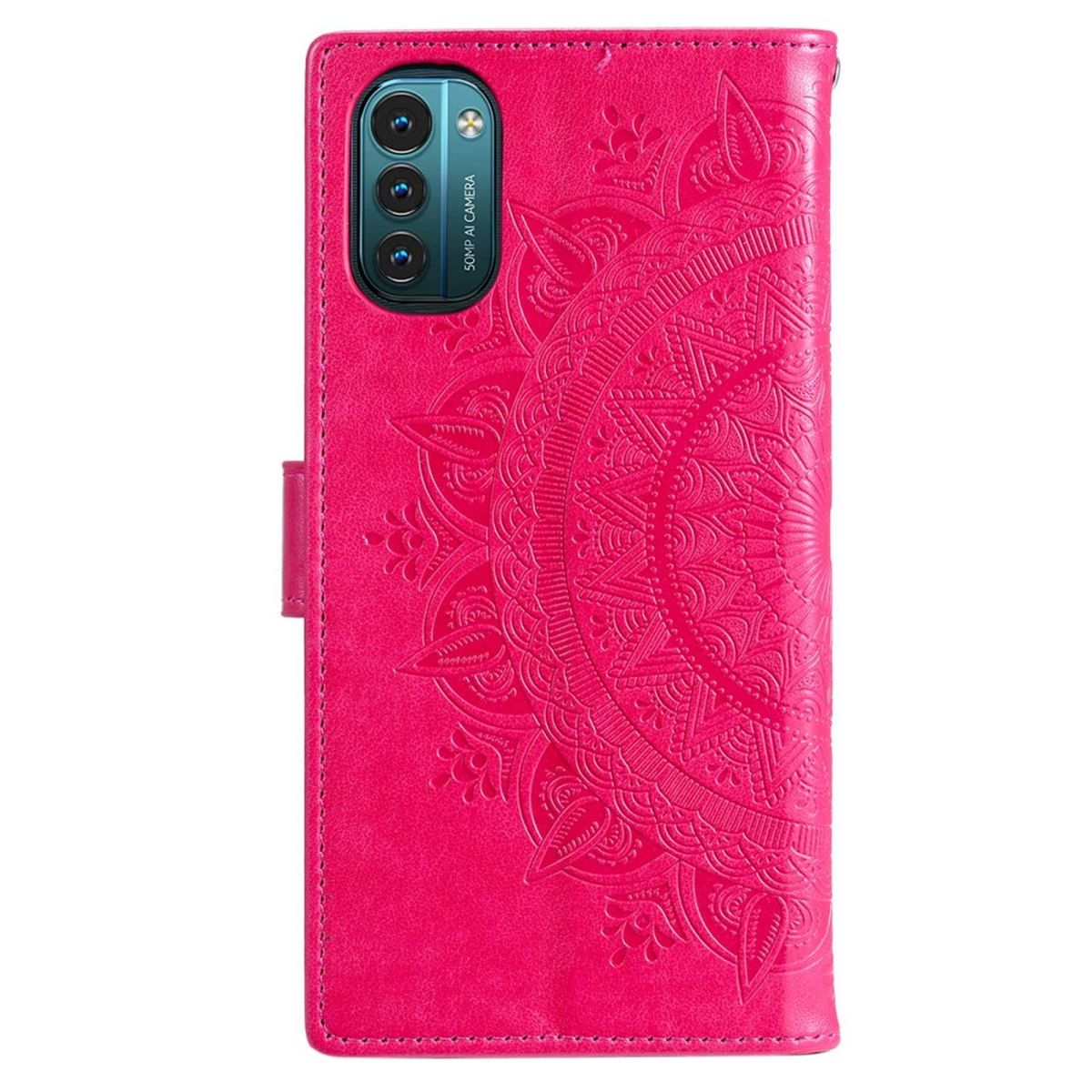 Eine pinke Handyhülle mit Mandala-Design, oben eine Handykamera sichtbar.