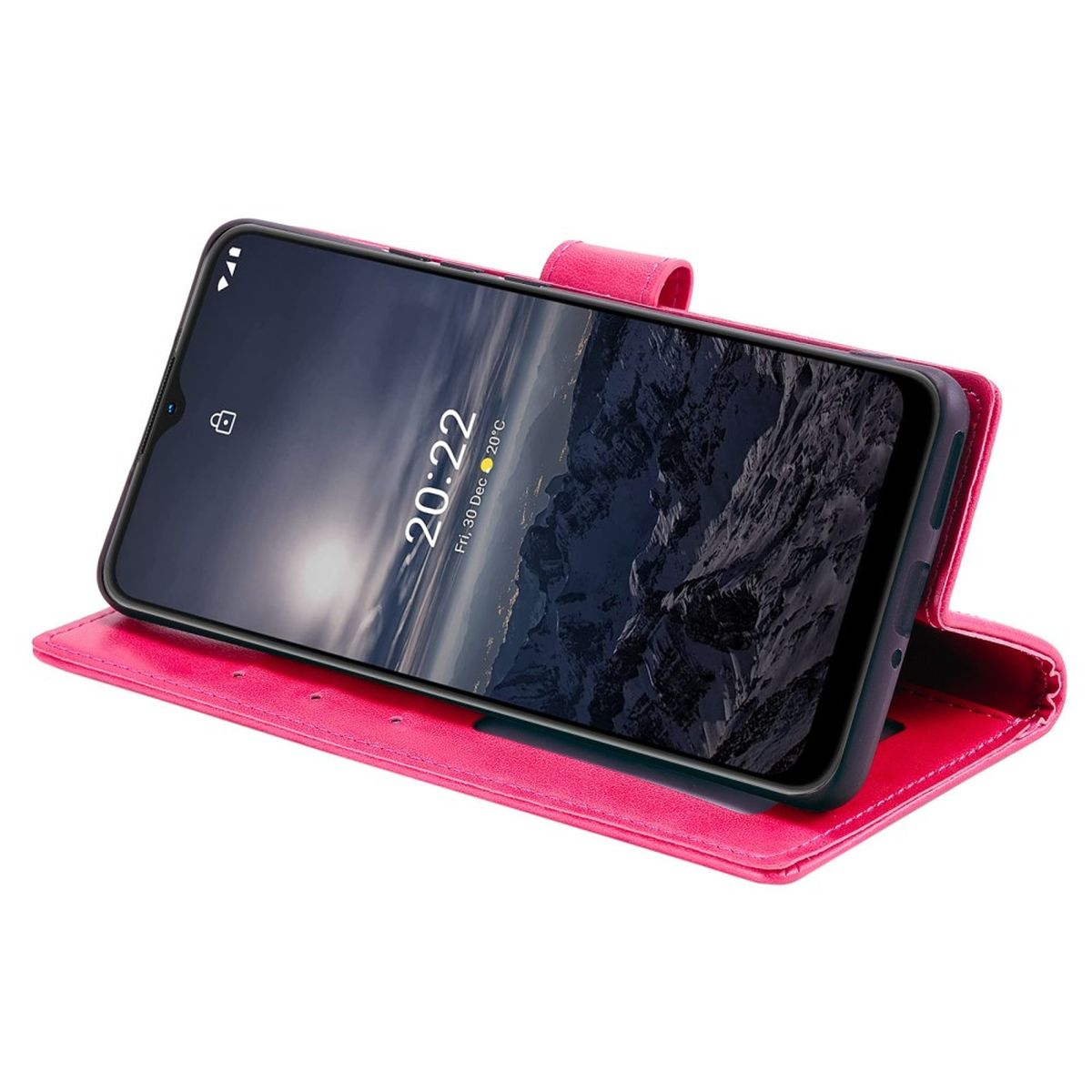 Rosa Handyhülle mit einem Handy, das Zeit und Datum auf dem Bildschirm anzeigt.
