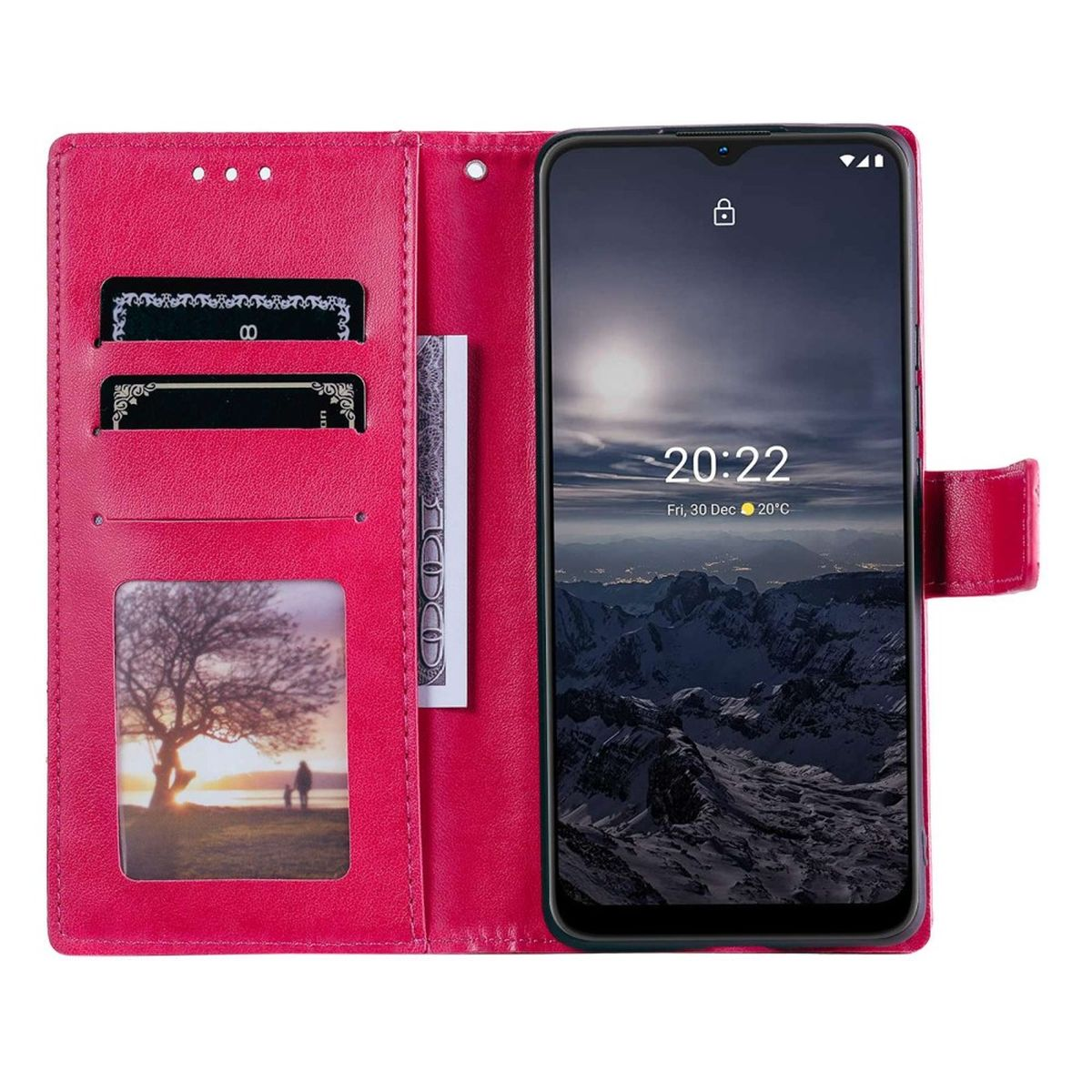 Geöffnete pinke Handyhülle mit Handy, das eine Bergszene und Karten zeigt.