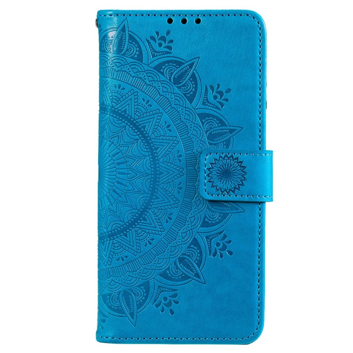 Blaue Handy-Geldbörsenhülle mit Muster, auf weißem Hintergrund.