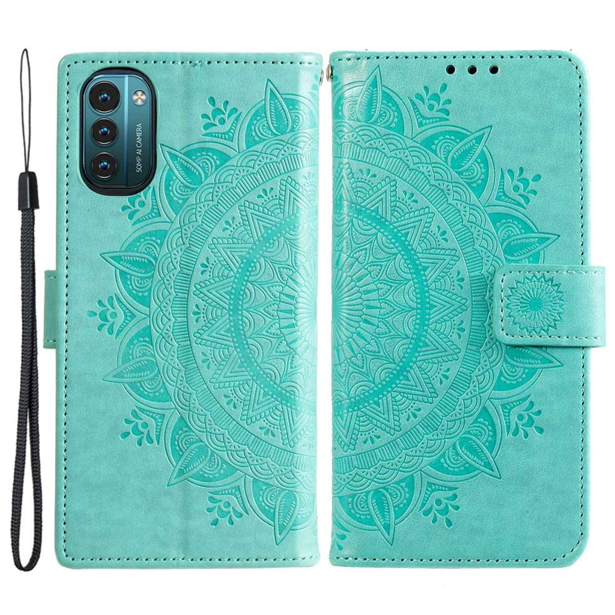 Geöffnete türkisfarbene Handyhülle mit Mandala-Design.