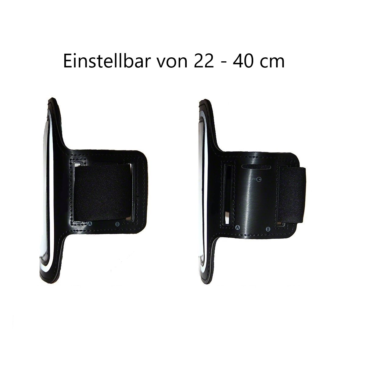 Zwei schwarze Armbänder für Smartphones, einstellbar von 22 bis 40 cm, Seitenansicht.