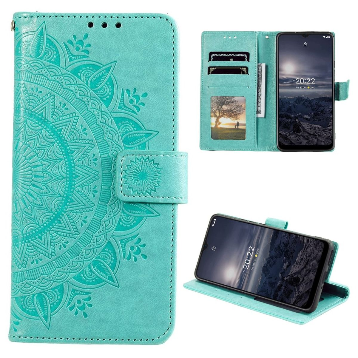 Türkisfarbenes Handycase mit Mandala-Design, geöffnet und geschlossen. Telefonbildschirm zeigt Zeit an.