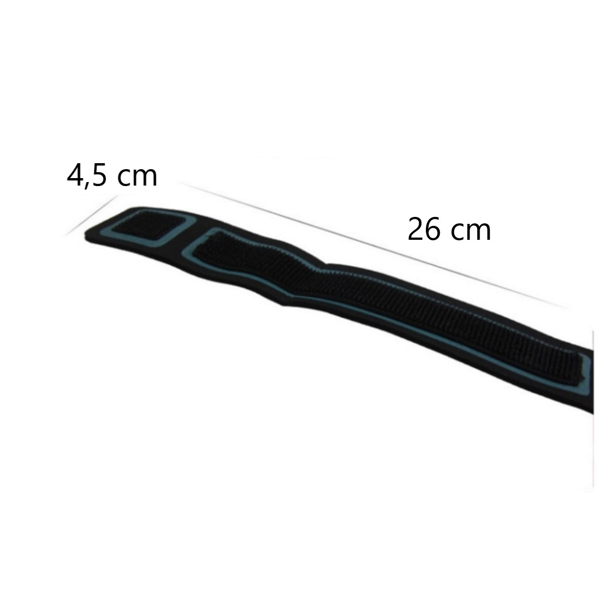 Ein schwarzes, gebogenes Klettband mit den angegebenen Maßen 4,5 cm und 26 cm.