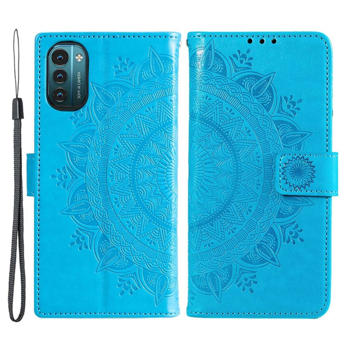 Blaue Handyhülle mit detailliertem Mandala-Design und Handschlaufe. Öffnet sich, um das Telefon zu zeigen.