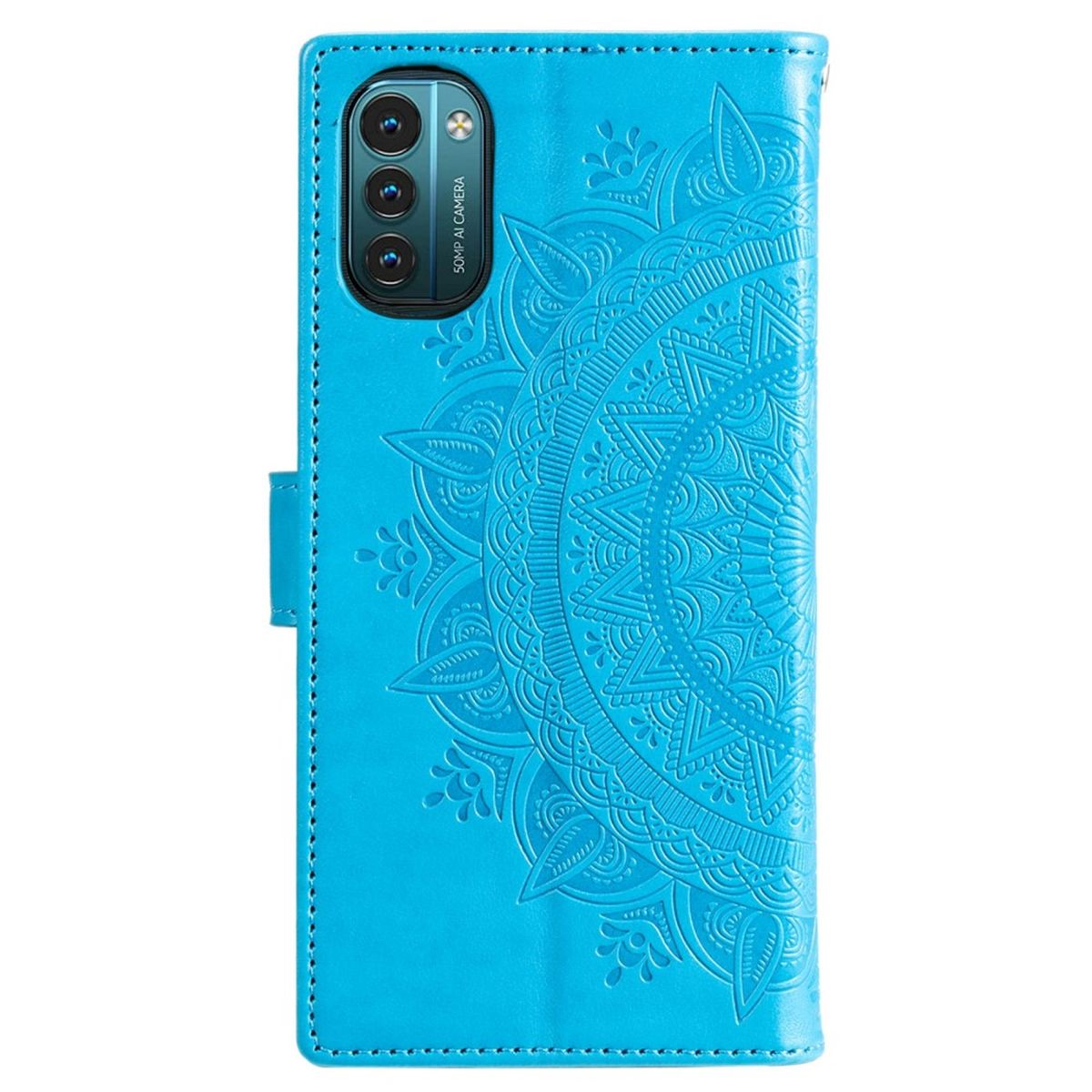 Eine blaue Handyhülle mit Mandala-Design, die die Kamera und das Telefon zeigt.