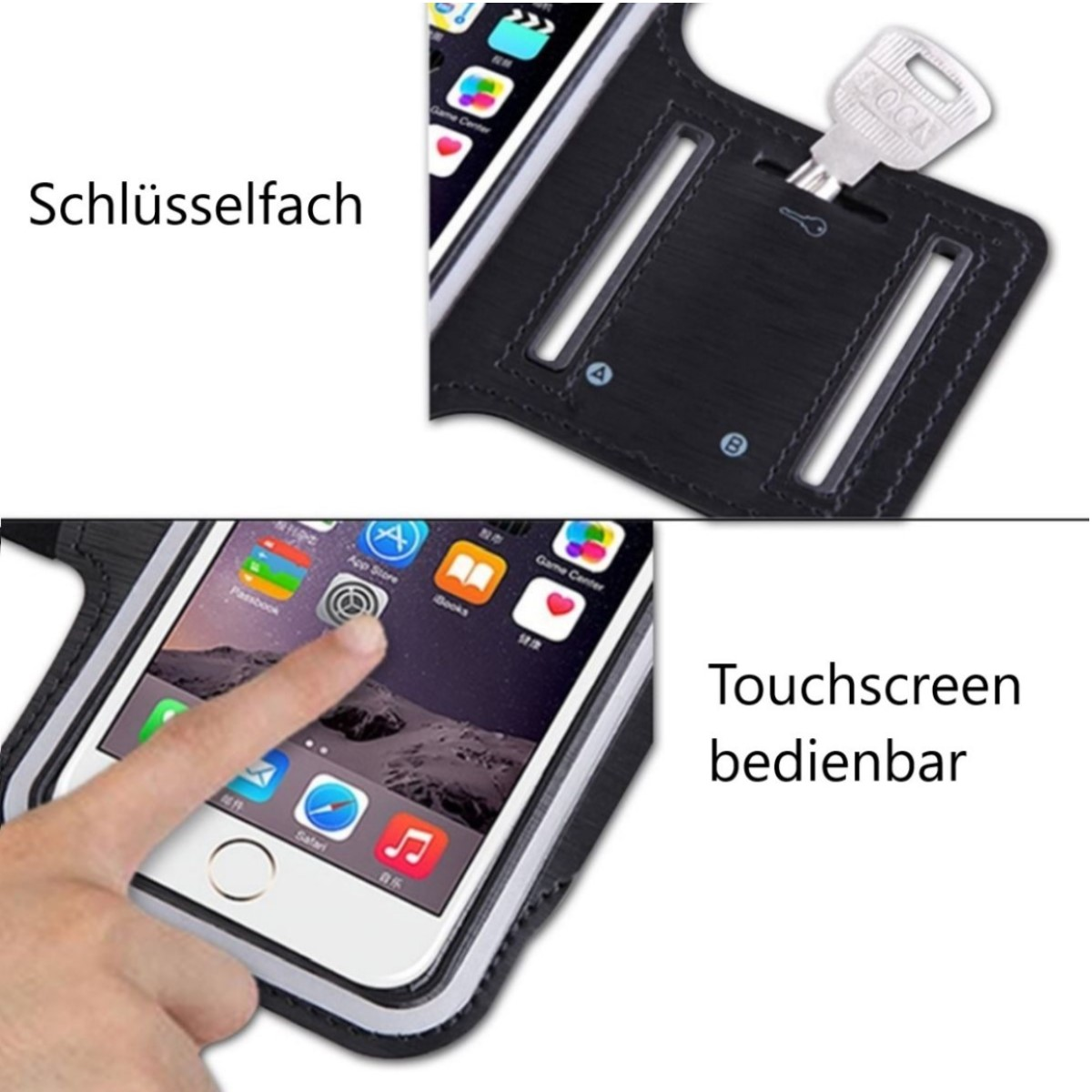 Zwei Bilder, die ein Telefon in einer Armbinde zeigen. Eines zeigt einen Schlüssel, das andere einen Finger auf dem Touchscreen.