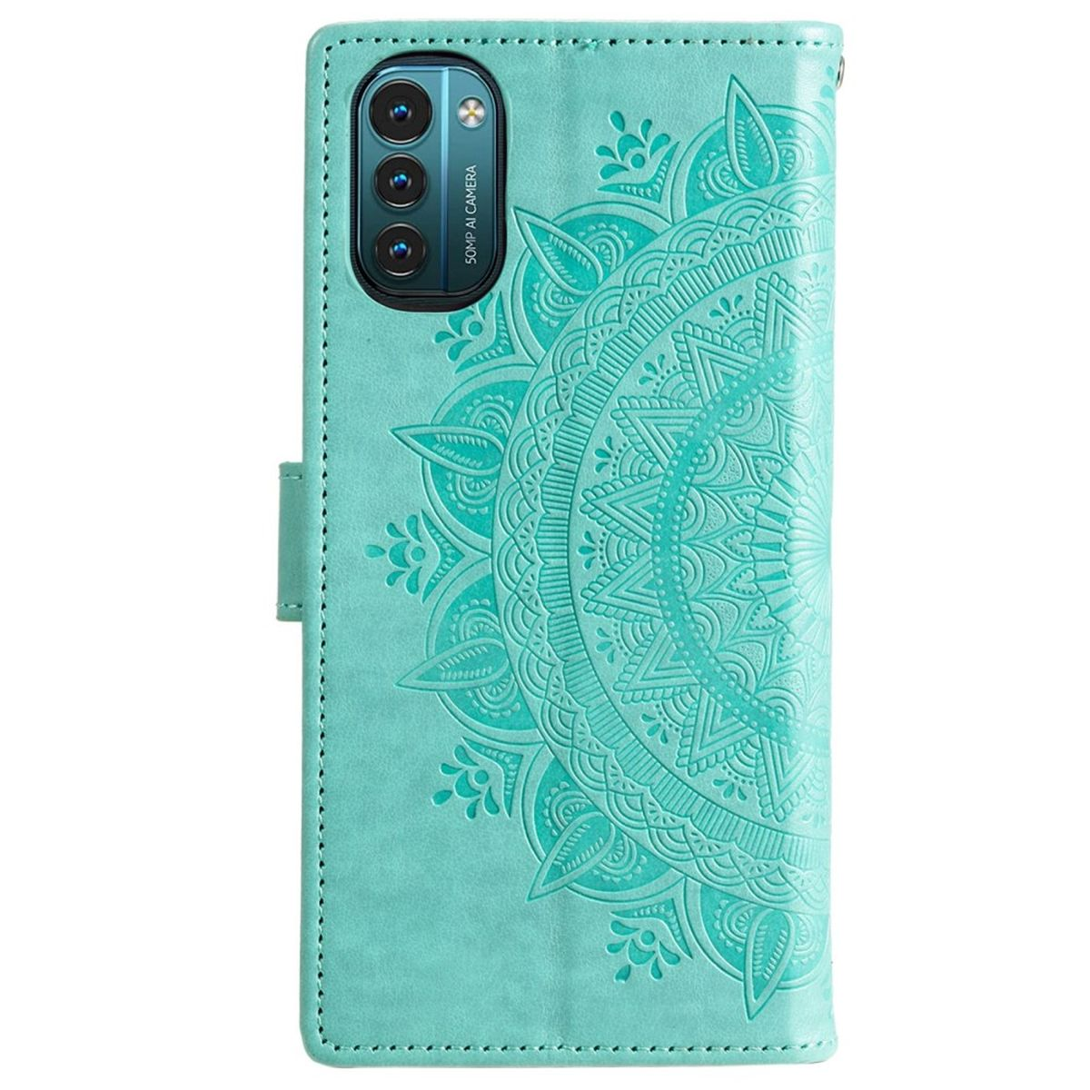 Eine türkisblaue Handyhülle mit Mandala-Design auf der Vorderseite, mit Kameraausschnitt.