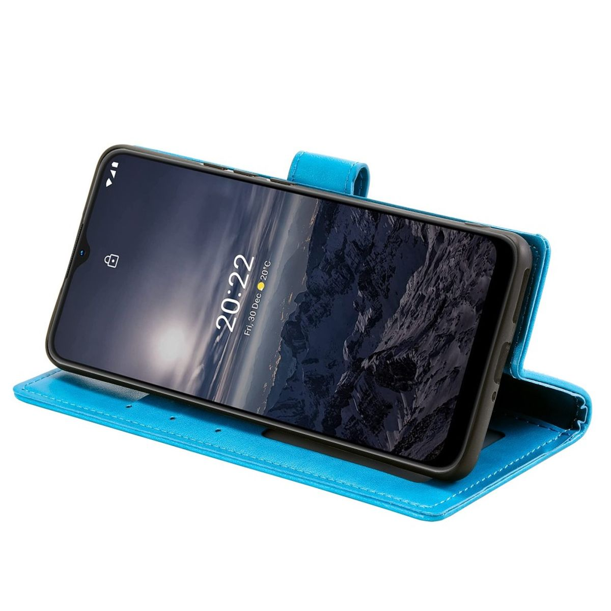 Eine blaue Handyhülle mit einem Telefon darin, das die Uhrzeit 20:22 anzeigt. Die Handyhülle ist aufgestellt.