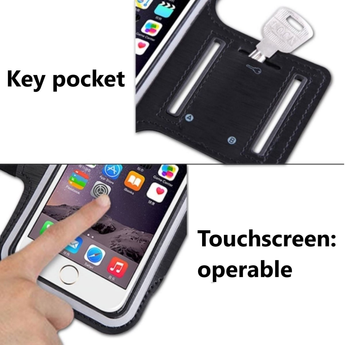 Das Bild zeigt eine Handyhülle mit Schlüsseltasche und Touchscreen, der als bedienbar gekennzeichnet ist.