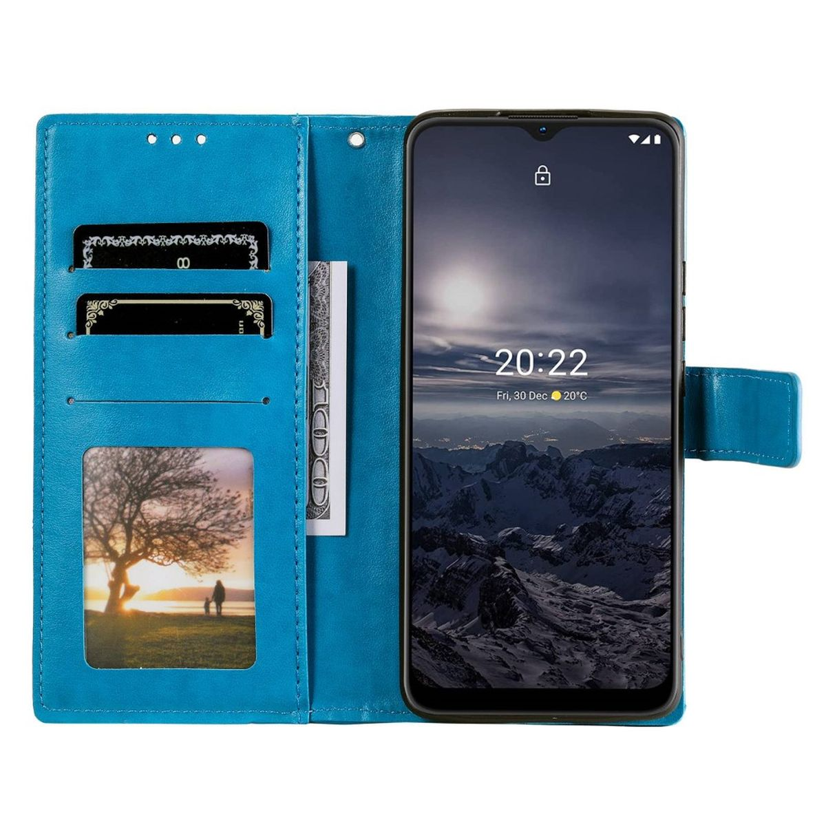 Blaue Brieftasche mit Telefon, Karten und einem Bild eines Baumes.