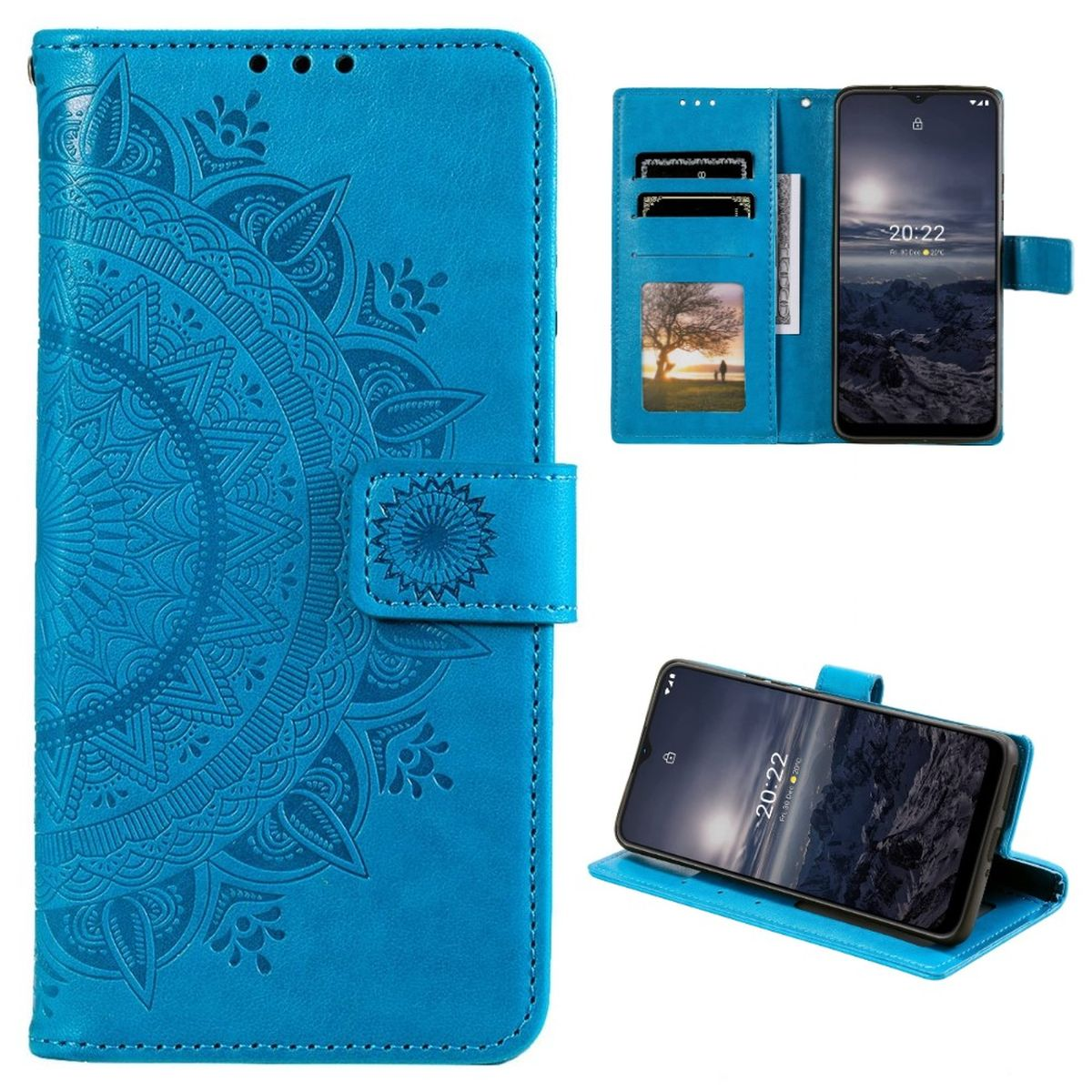 Blaue Handyhülle mit Mandala-Design, offen und geschlossen. Telefon sichtbar.