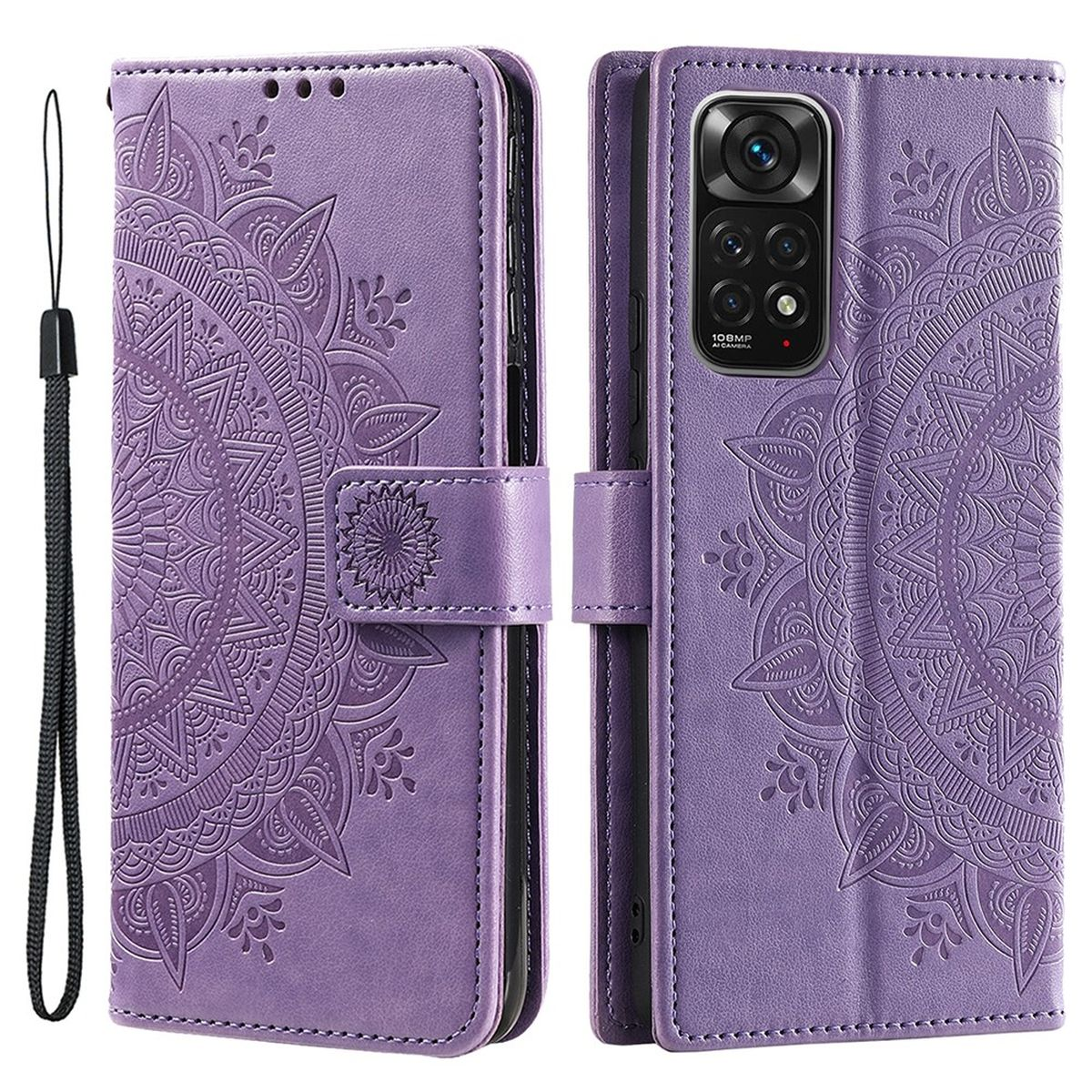 Lila Handyhülle mit Mandala-Design, geöffnet und geschlossen, schwarzer Riemen.