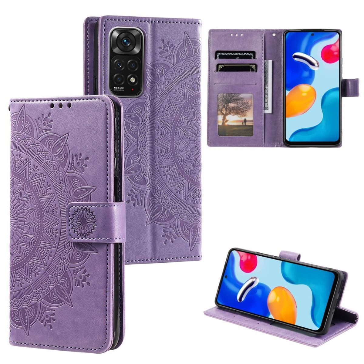 Eine lila Handyhülle mit Mandala-Design. Zeigt Telefon im Inneren und Telefon in Gebrauch.