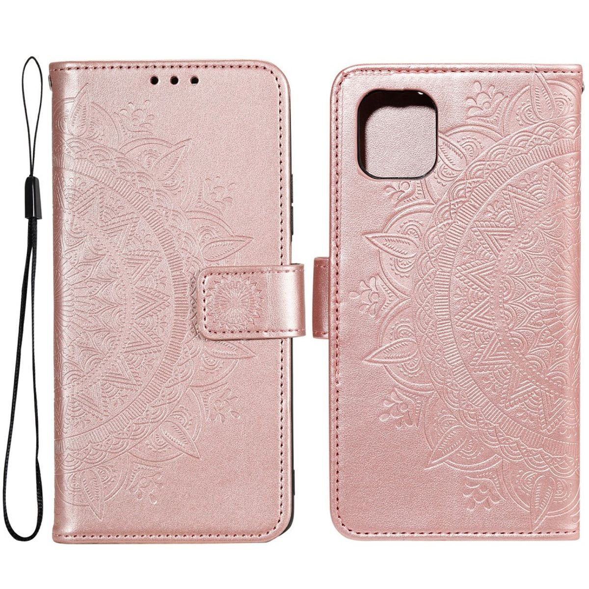 Rosa Handyhülle mit Mandala-Design, geöffnet und geschlossen.
