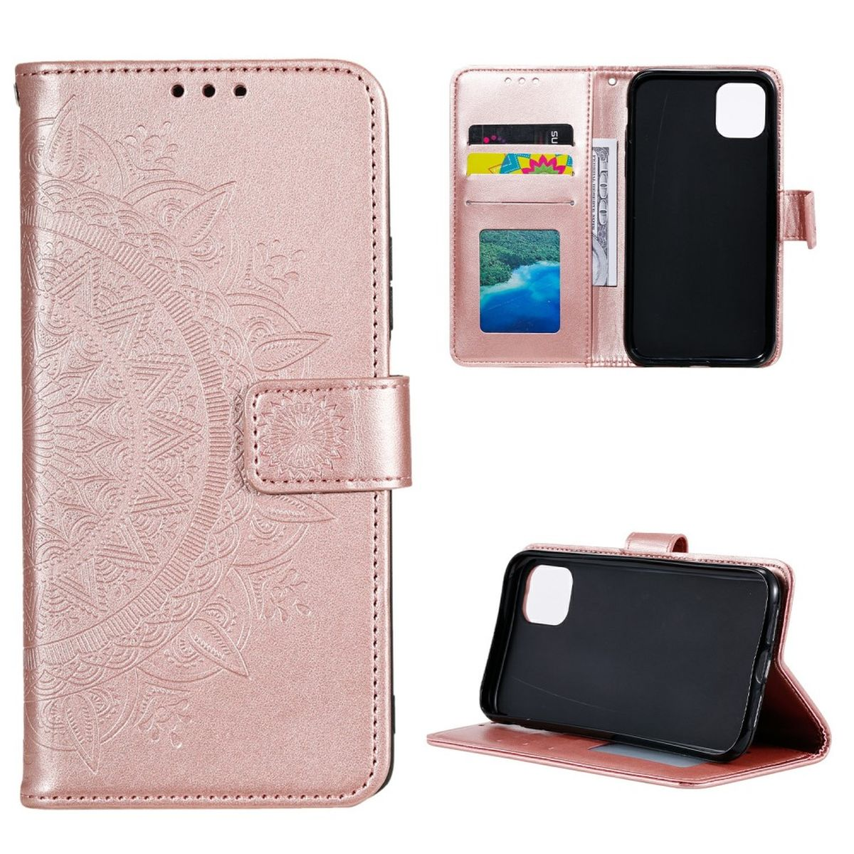 Rosafarbenes Handycase mit Mandala-Design, geöffnet und geschlossen. Der Bildschirm ist schwarz.
