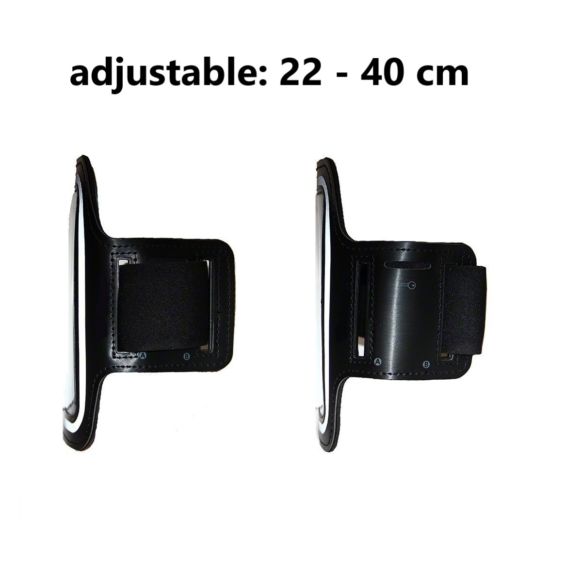 Zwei schwarze Armbänder für Smartphones, verstellbare Größe von 22 bis 40 cm. Weißer Hintergrund.