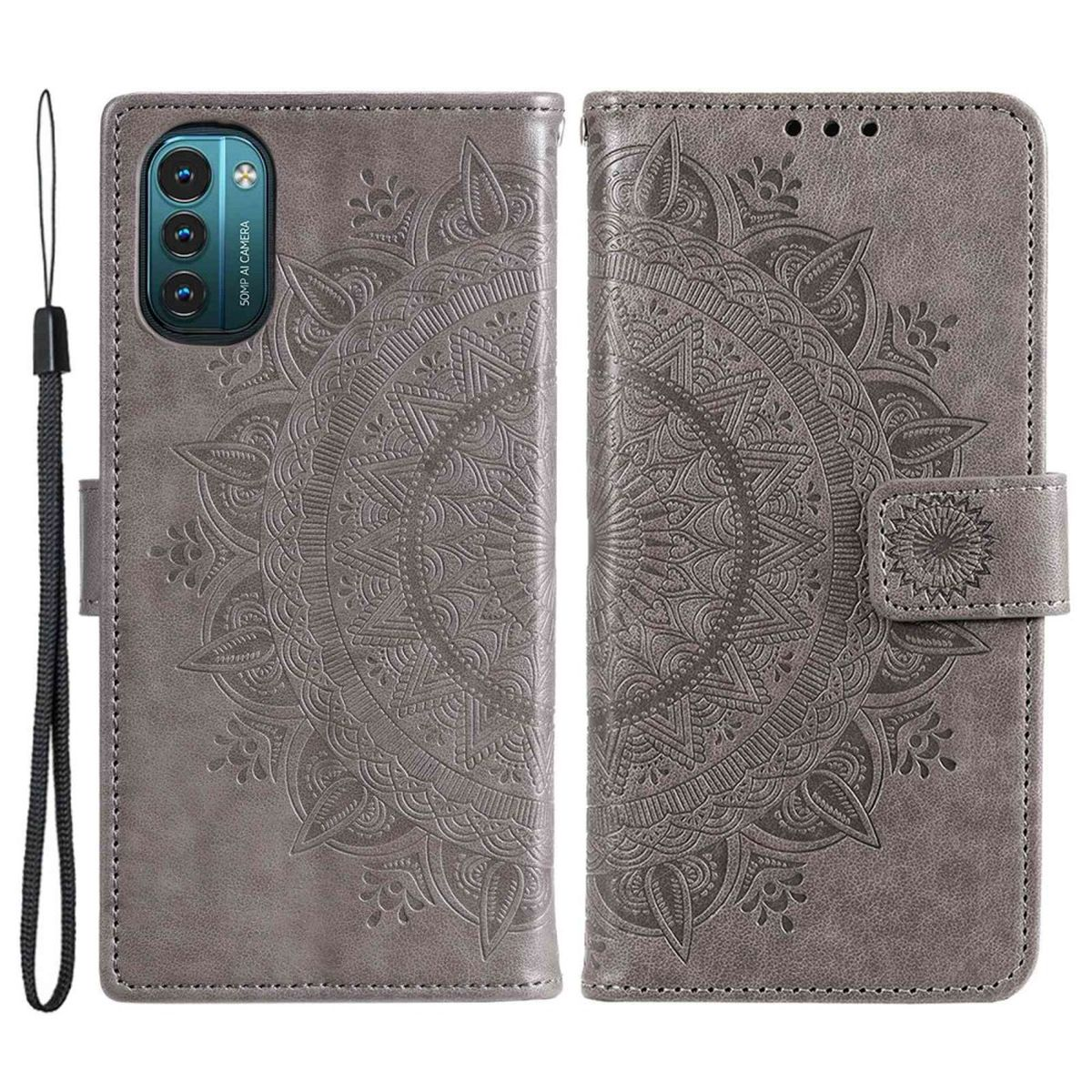 Graue Handyhülle mit Mandala-Design. Geöffnete Hülle zeigt Telefon, geschlossene Hülle das Design.