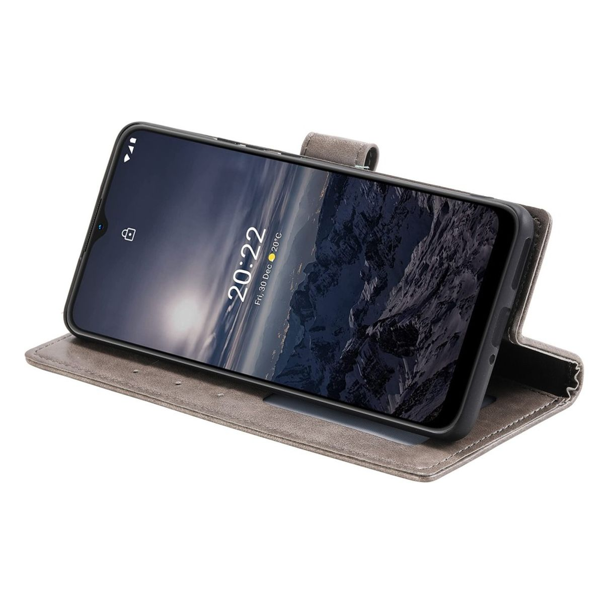 Smartphone in grauem Etui, geöffnet auf Tisch. Der Bildschirm zeigt Landschaft.