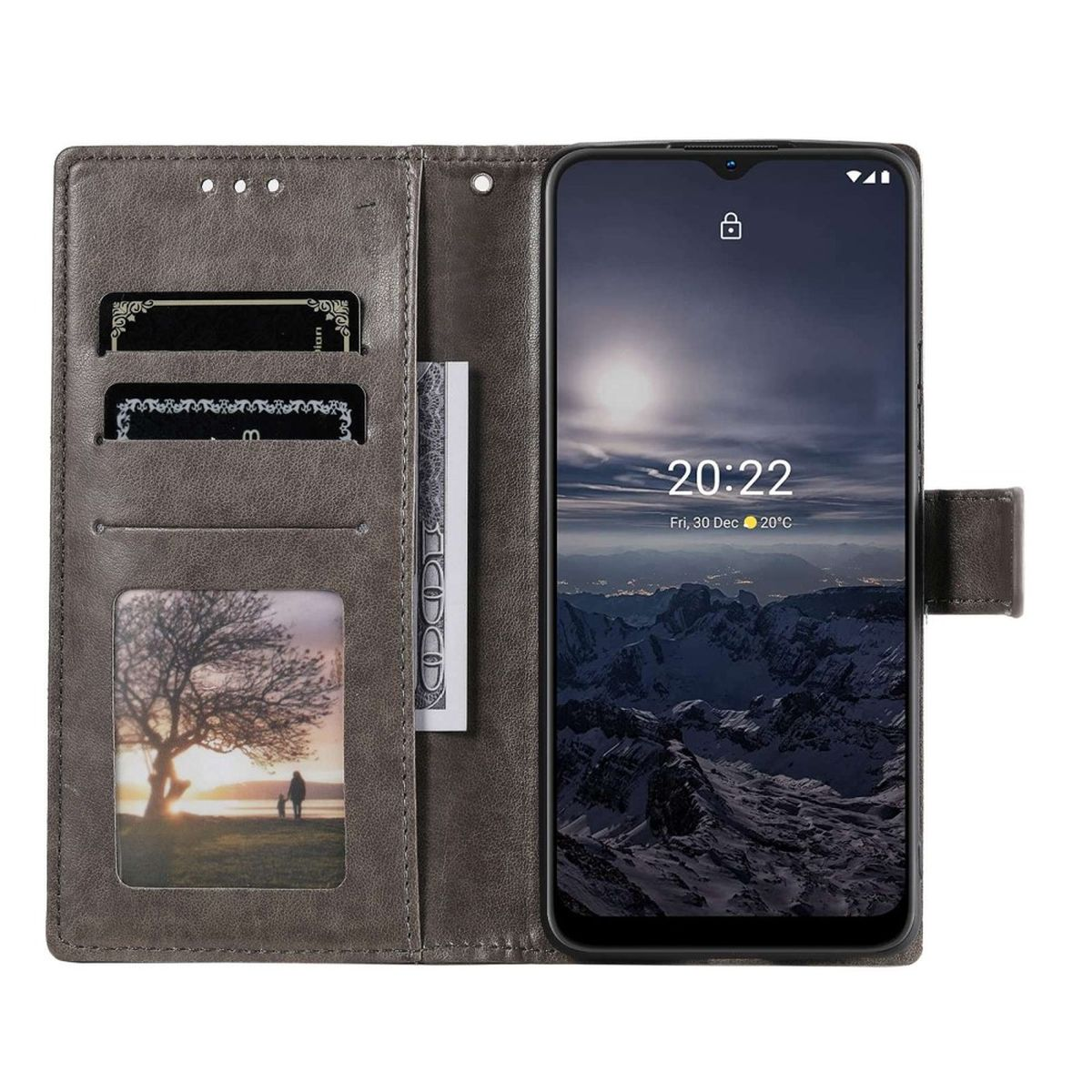 Geöffnete graue Brieftasche mit Telefon. Kartenfächer, Geld und ein Foto.