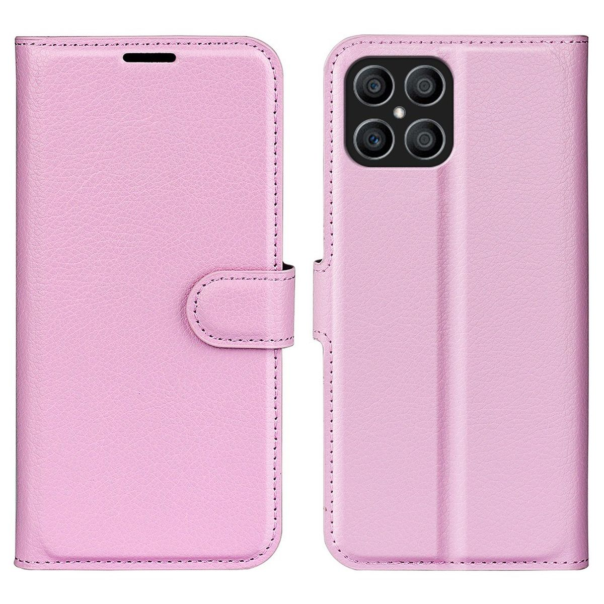 Rosa Handyhülle, offen und geschlossen. Knopfverschluss. Rückseite zeigt Telefonkamera.