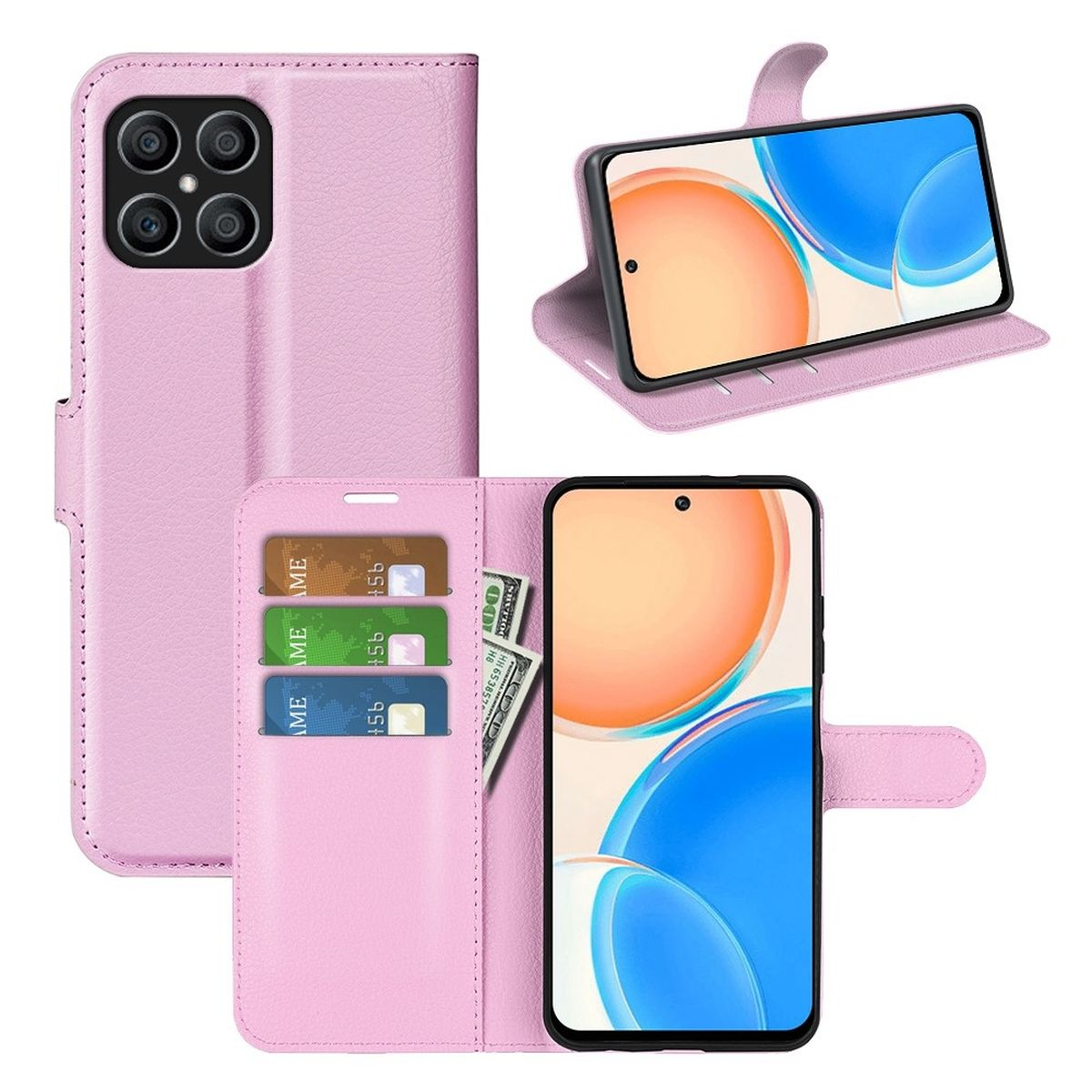 Rosa Telefon-Brieftaschentasche mit Karten und Geld. Ein Telefon wird im Inneren des Gehäuses angezeigt.