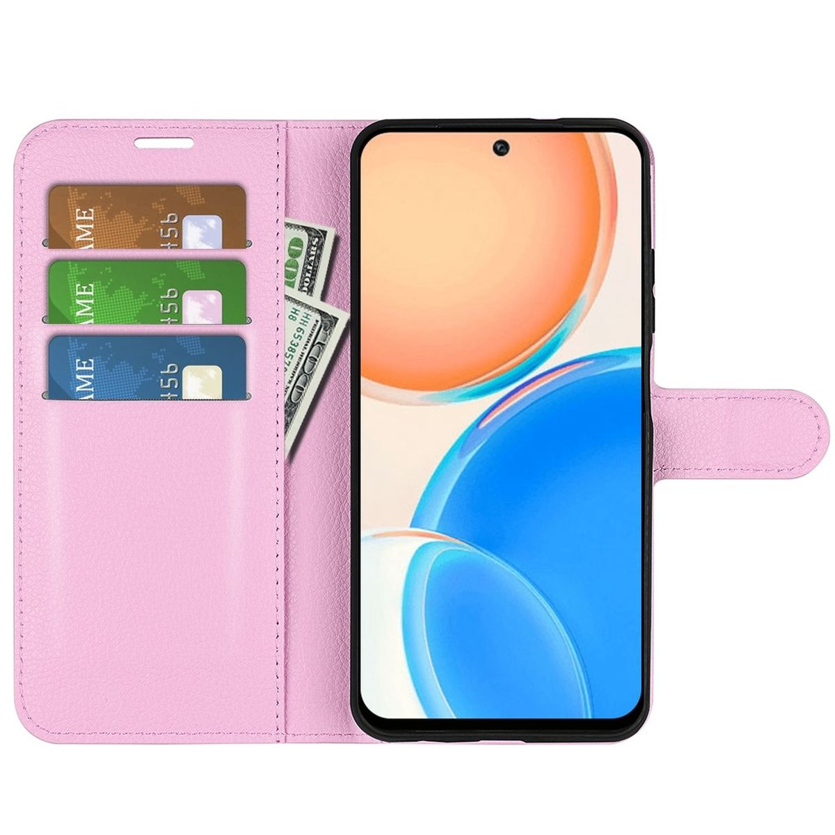 Rosa Handyhülle geöffnet mit Kreditkarten, Bargeld und Smartphone mit farbigen Grafiken.
