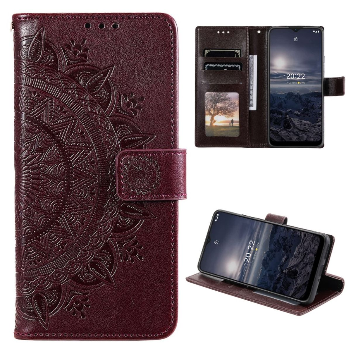 Eine weinrote Handyhülle, offen, mit einem Telefon darin. Die Hülle ist mit einem Mandala-Design verziert.