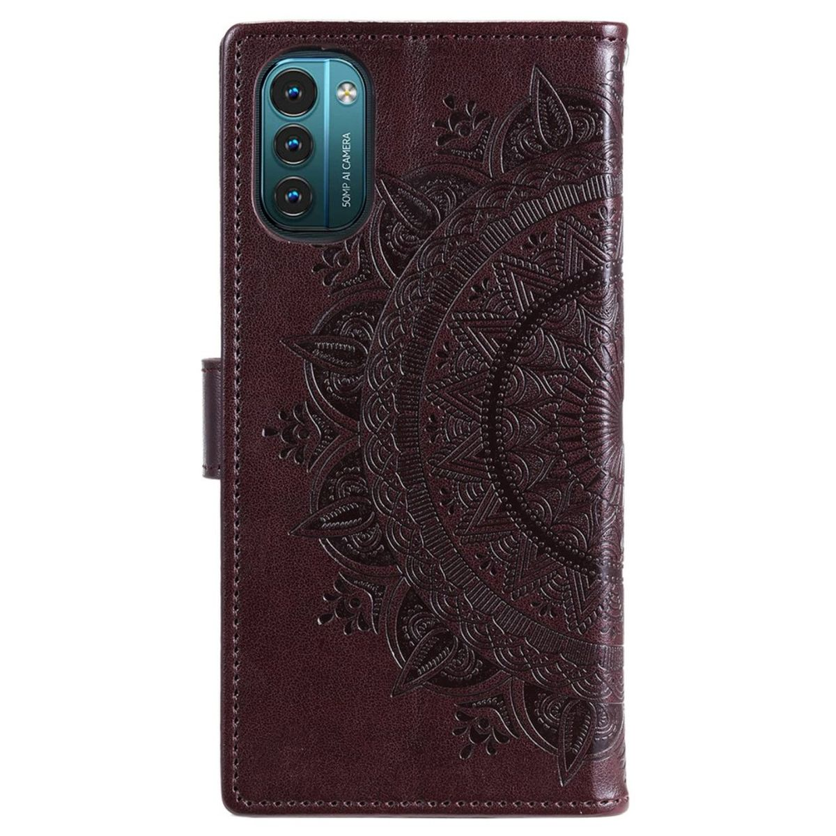 Eine weinrote Leder-Handyhülle mit einem Mandala-Design.