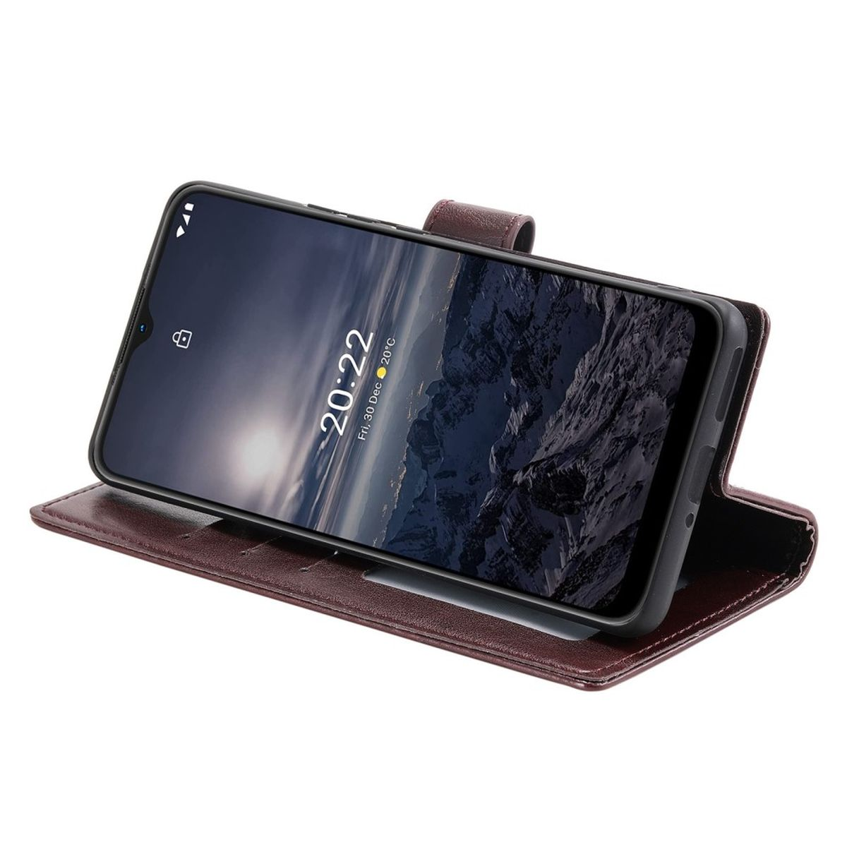 Smartphone in brauner Brieftasche, Bildschirm an, zeigt Berglandschaft und Uhrzeit.