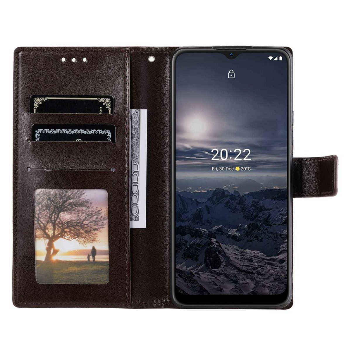 Braune Handyhülle mit Telefon, Bargeld und Foto.