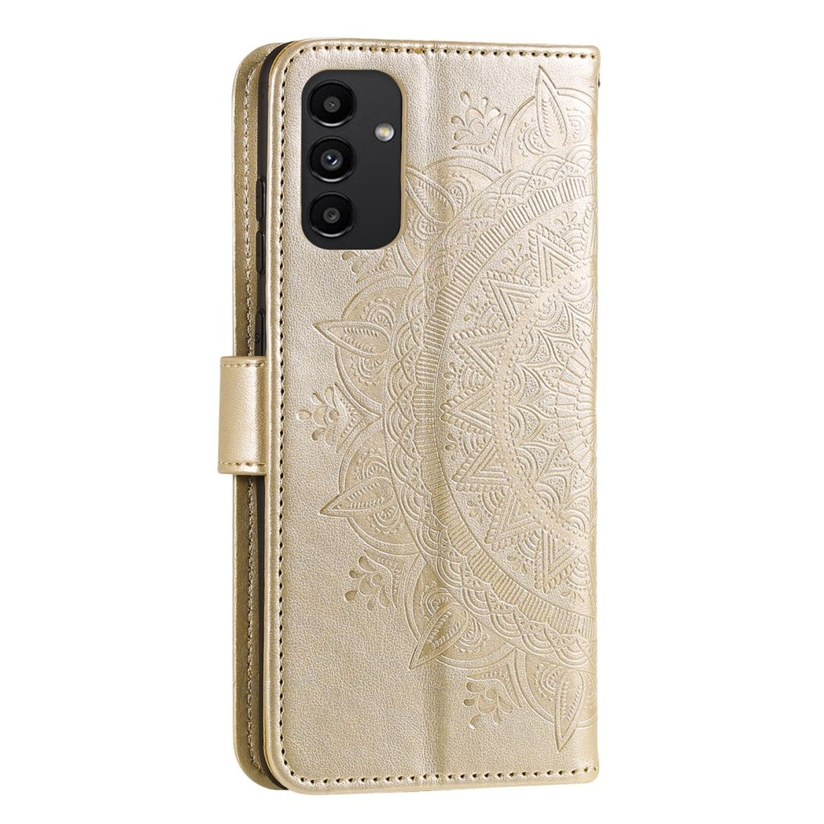 Goldene Handyhülle mit Mandala-Design, geschlossen. Geprägtes Muster.