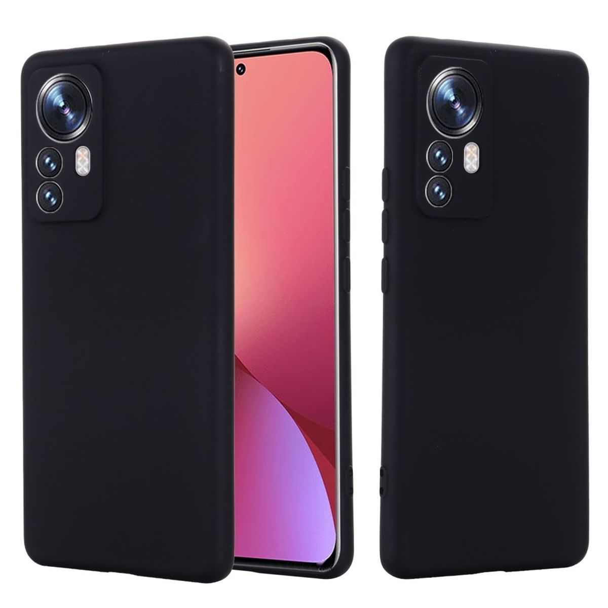 Zwei schwarze Handyhüllen, die Kameralinsen und das Design des Telefons zeigen.