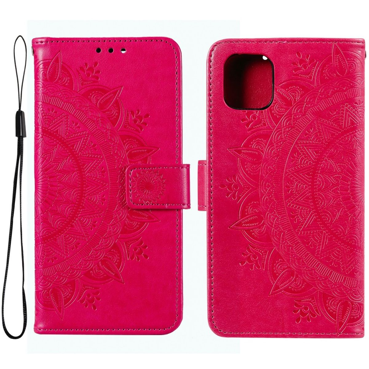 Eine pinkfarbene Handyhülle mit Mandalamuster. Sie ist geöffnet, um das Telefon zu zeigen, und hat eine Handschlaufe.