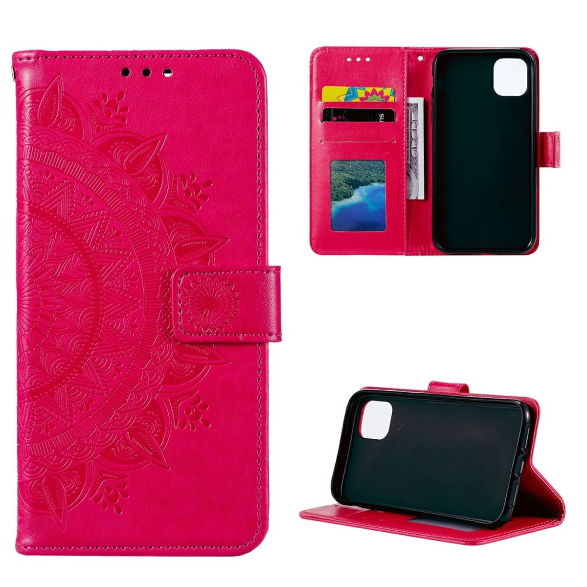 Eine pinke Handyhülle, offen und geschlossen. Zeigt ein Handy und Kartenfächer innen. Pinkes Mandala-Design vorne.