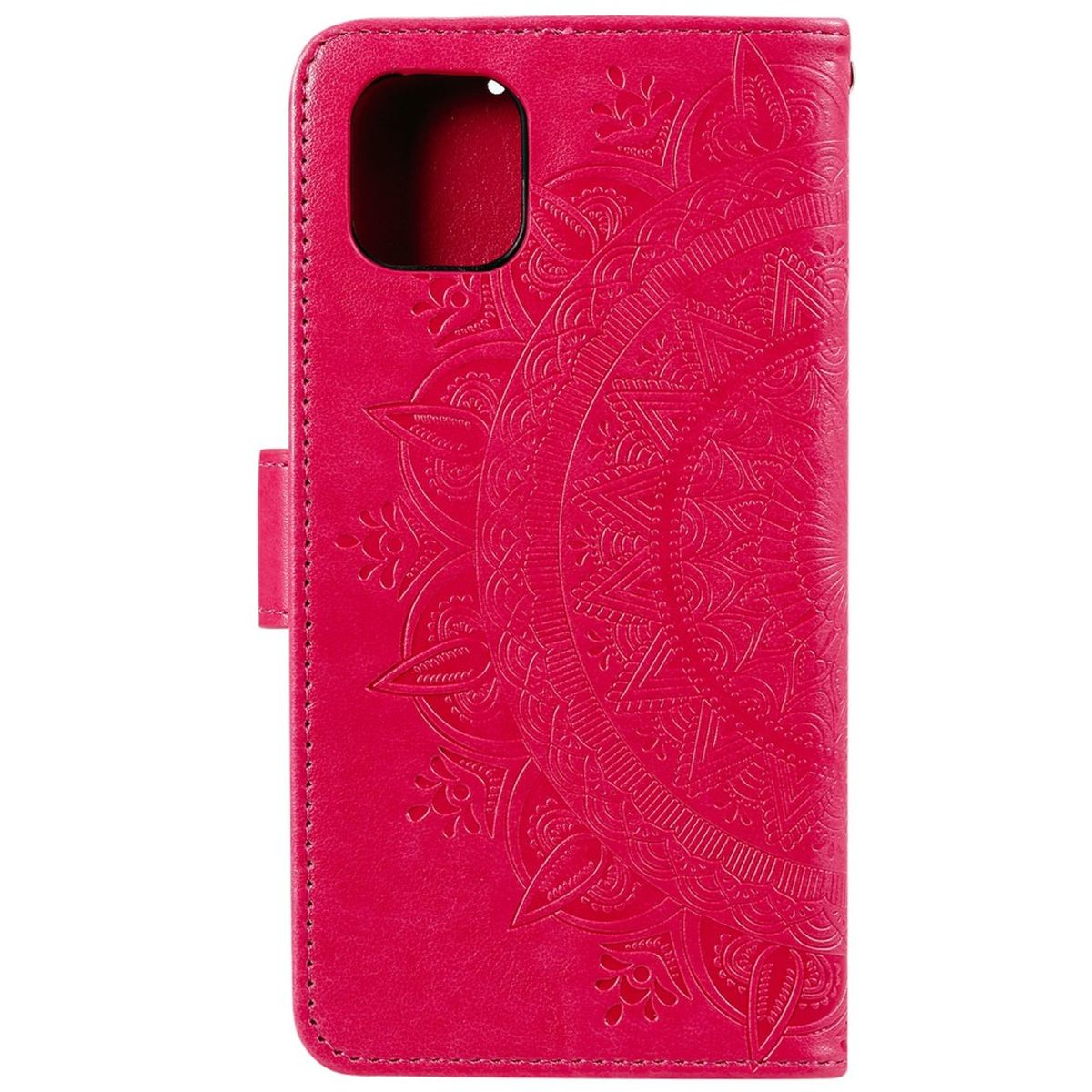 Rosa Handyhülle mit Mandala-Design. Die Hülle ist geschlossen und zeigt ein dekoratives Muster.
