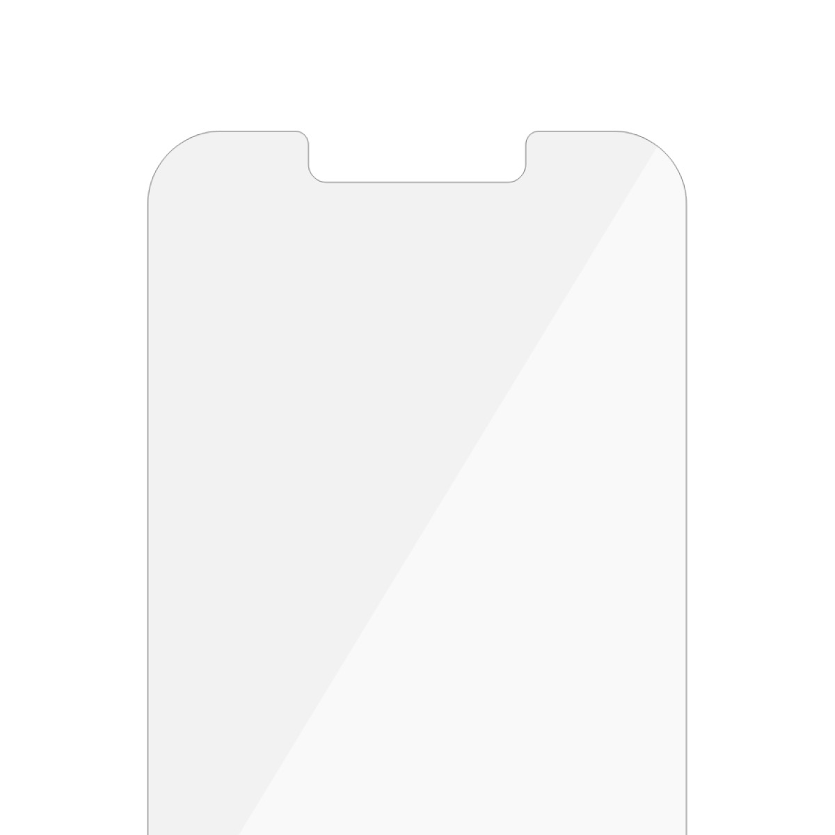 Una protezione per lo schermo trasparente per un telefono. Ha un intaglio nella parte superiore ed è trasparente.
