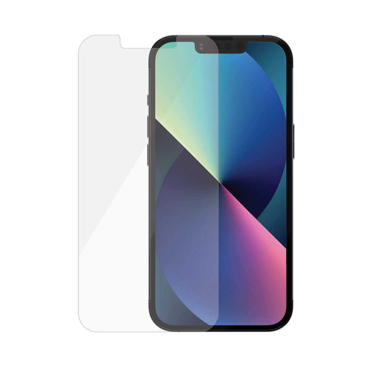 Pellicola protettiva trasparente e uno smartphone nero con un display che mostra uno sfondo colorato.